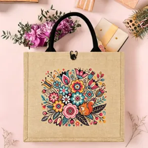 Close-up detail of the Nordic folk style jute tote bag featuring colorful floral print.