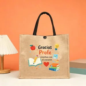 Detailansicht der Lehrertag Jute-Tragetasche mit spanischem Print und stabilem Griff.