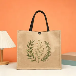 Burlap jute tote bag with botanical print, elegant vintage handbag for daily shopping or gifts.