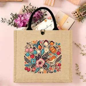 Nordic folk style jute tote bag vintage floral bird print handbag with sturdy handles.