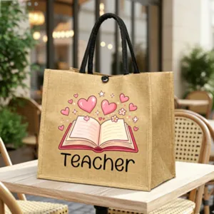 Leinen Jute Tragetasche für Lehrer mit süßem Buch und Herz Design, stilvoller Einkaufskorb.