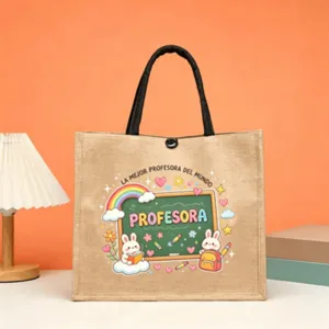 Custom teacher jute tote bag with cute rabbit and blackboard design, perfect gift.