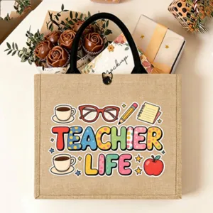 Teacher life burlap tote bag with cute coffee pencil graphic design, perfect gift for teachers.