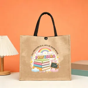 Teacher themed jute tote bag, durable linen handbag for educators, perfect gift for Teacher's Day.