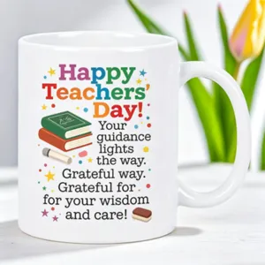 Tazza da caffè in ceramica bianca con stampa colorata Happy Teachers Day, regalo.