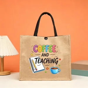 Teacher jute tote bag coffee design large capacity reusable shopping burlap handbag detail.