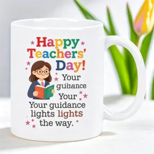 Tazza da caffè in ceramica bianca con stampa di disegno animato Teachers Day e regalo.