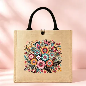 Close-up detail of the vintage folk floral print on the natural jute tote bag fabric.