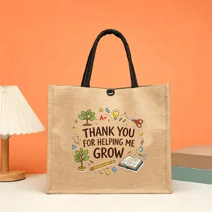 Vintage jute tote bag for teacher gift, reusable burlap handbag with printed appreciation text.