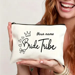 Custom bridal canvas makeup bag with bride tribe print, zipper closure for wedding gifts.