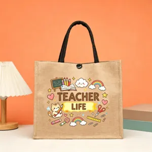Teacher Life Jute Tote Bag Cartoon School Theme Linen Handbag Daily Casual Gift Tote
