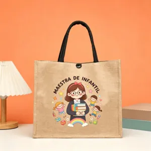 Teacher jute tote bag with cute cartoon education print, large capacity casual handbag for school.