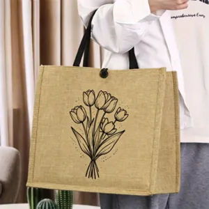 Retro jute tote bag detail showcasing a beautiful tulip flower line art for daily casual use.