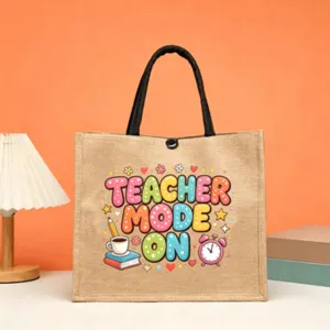 Vintage Retro Jute Tote Bag Graphic Print Burlap Handbag Reusable Grocery Shoulder Bag Teacher Appreciation Gift Tote For Women Daily Casual Top Handle Bag
