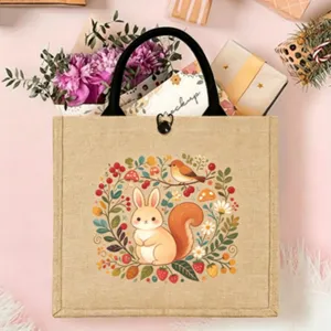 Nordic folk art printed jute tote bag with cute rabbit bird floral illustration for casual daily use