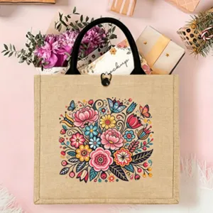Nordic folk style jute tote bag, retro ethnic flower bird cartoon printed handbag for daily use.