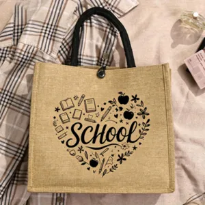 Große Jute-Tasche mit niedlichem Schul-Themen-Druck für den täglichen Einkauf und Lehrer.