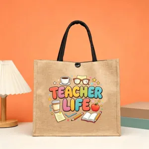 Teacher jute tote bag with black handles, retro burlap gift bag for teacher appreciation day.