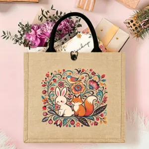 Nordic folk style jute tote bag with cute rabbit fox floral print eco-friendly casual handbag