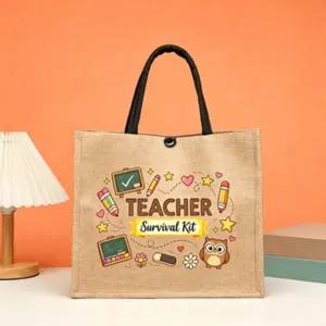 Teacher theme jute tote bag detail shot showing custom printed design and durable fabric.