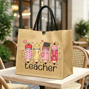 Schöne Jute-Tragetasche für Lehrer mit niedlichem Bleistift-Muster, robust und geräumig für Alltag.