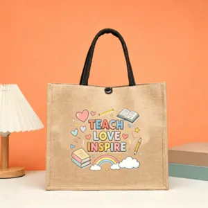 Teacher jute tote bag with cute print large capacity canvas handbag for school gift