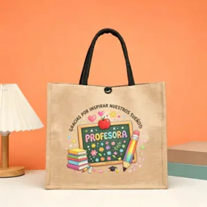 Teacher appreciation jute tote bag with printed blackboard and pencil design for daily use.