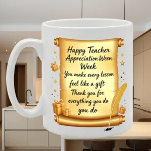 Klassische Keramiktasse mit vintage goldenem Pergamentdesign, ideales Geschenk für Lehrer.