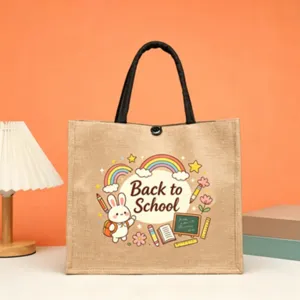 Detailed close-up of the school themed jute tote bag featuring cute cartoon bunny rainbow print.
