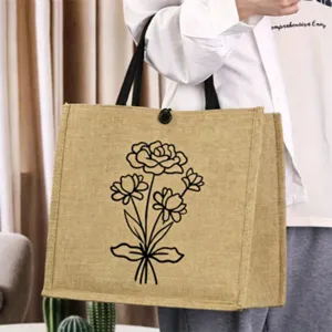 Jute tote bag featuring floral line art, vintage eco-friendly handbag for daily use and shopping.