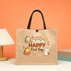 Jute tote bag with cartoon school print, durable canvas handbag for daily shopping and gifts.