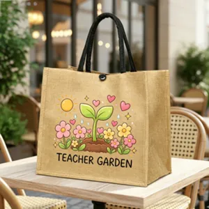 Jute Lehrer Tragetasche mit niedlichen Cartoon Pflanzen Blumen, langlebiger Griff.