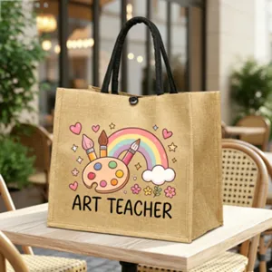 Jute Tragetasche Detail mit Kunstlehrer Paletten Regenbogen Print fuer den taeglichen Gebrauch.