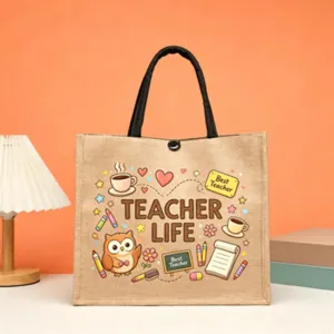 Teacher life jute tote bag with cute owl and coffee cup print for daily school and office use.