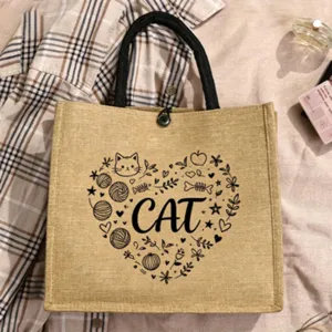 Große Jute-Tragetasche mit süßem Katzen-Linienkunst-Druck, perfekte lässige Einkaufstasche.