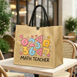 Jute Tragetasche mit niedlichem Mathe Lehrer Cartoon Druck, umweltfreundliche Einkaufstasche.