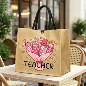 Jute Tragetasche fur Lehrer mit niedlichem Bleistift Blumenstrauss Motiv fur den Alltag.