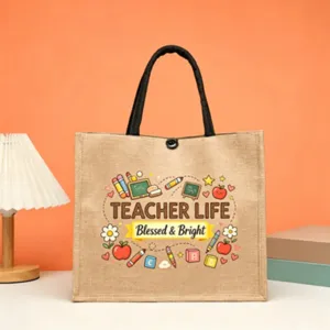 Teacher Life jute tote bag, cute cartoon school theme reusable grocery shopping bag gift.