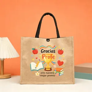 Jute Tragetasche für Lehrer mit niedlichem Trophäe und Buch Motiv als spanisches Geschenk.