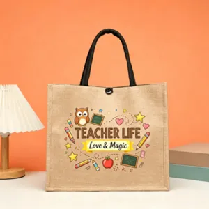 Teacher life jute tote bag with cute cartoon school elements, durable shoulder bag gift.