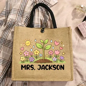 Customized name jute tote bag with cute cartoon flower print, durable handles for daily use.