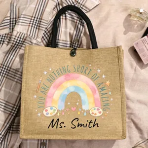 Personalisierte Jute-Tragetasche mit Regenbogen-Design, individueller Name Lehrergeschenk Handtasche.