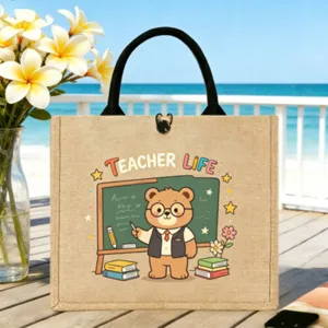 Personalisierte Jute-Tragetasche für Lehrer mit Bären-Druck, große Einkaufstasche Handtasche.