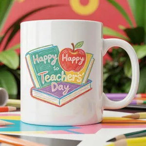 White ceramic coffee mug featuring teacher day book print detail, ideal office gift cup