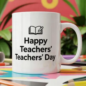 Taza de cafe de ceramica blanca con cita de maestro y libro para uso diario en oficina.