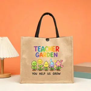 Jute tote bag featuring teacher garden and cute plant prints, perfect gift for teachers.