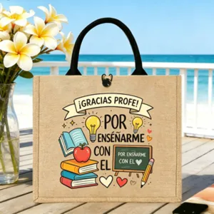 Jute Tragetasche Detailansicht, personalisierbare Leinentasche mit Lehrer Motiv.