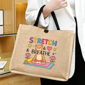 Jute Tote Bag for Women Yoga Bear Printed Casual Handbag Reusable Grocery Shopping Bag