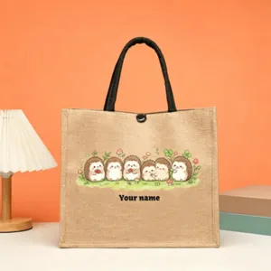 Custom jute tote bag with cute hedgehog print and personalized name design for daily use.
