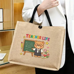 Teacher jute tote bag with cute bear print, casual handbag for daily school use.